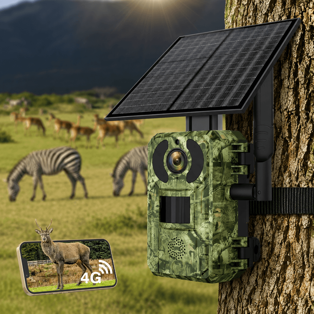 4G Wildkamera mit Solarpanel – Frontansicht im Tarndesign Bild
