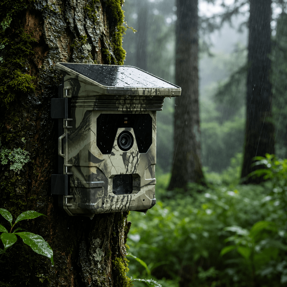 Solar Wildkamera 50 MP 4K – Frontansicht im Tarndesign