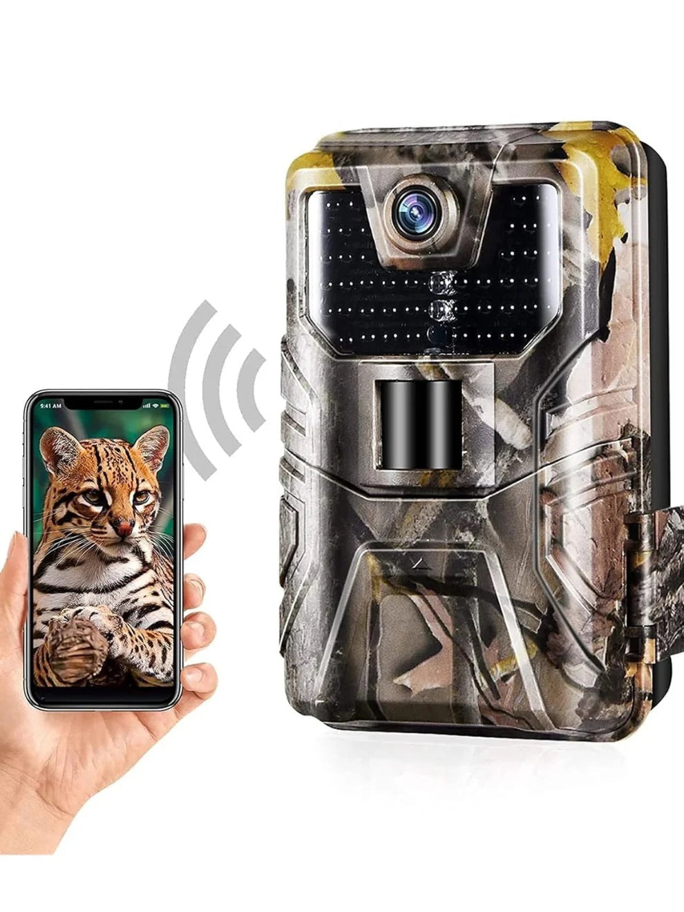 Wildkamera IP66 mit LCD-Display – Frontansicht im Tarndesign