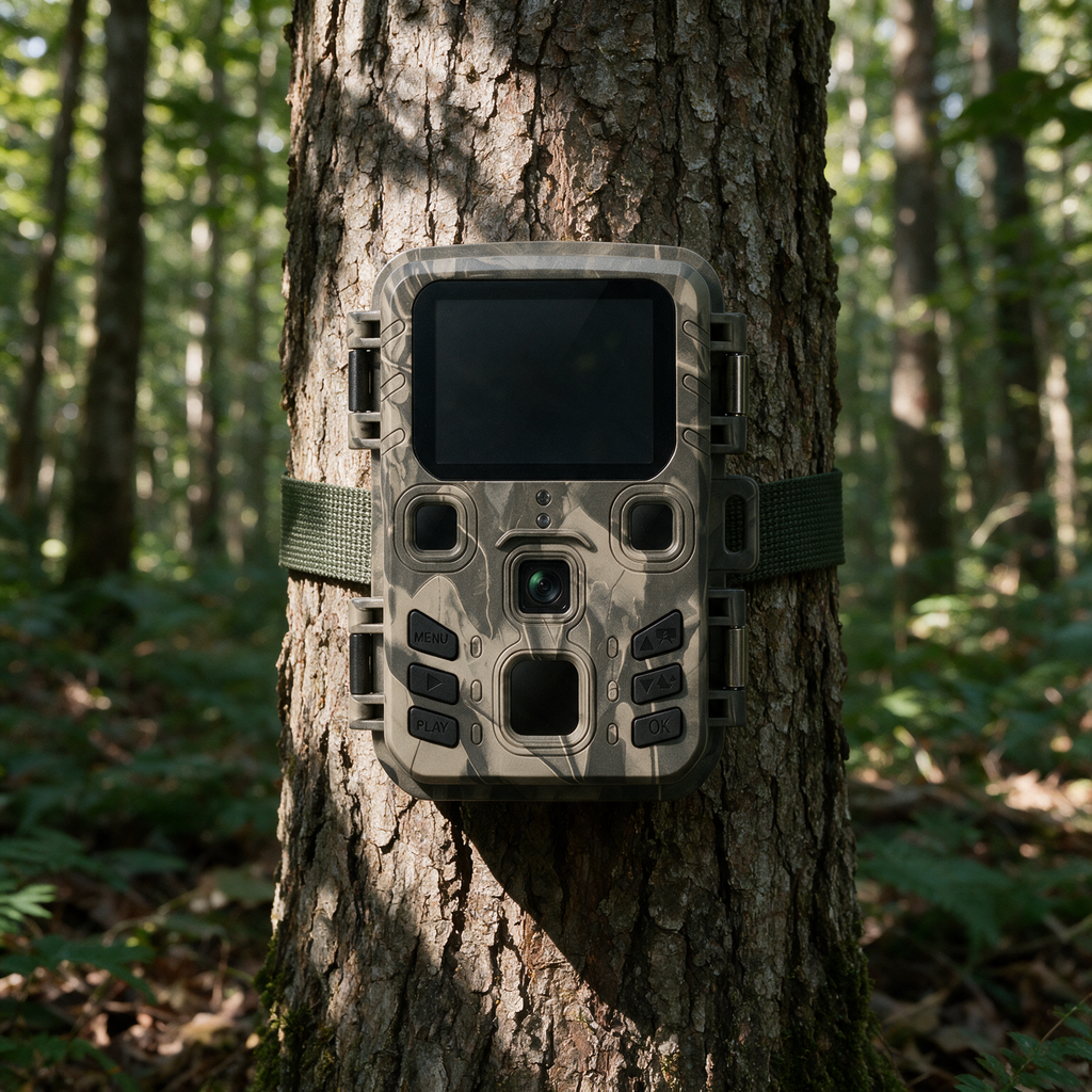Wildkamera 1080p Weitwinkel – Frontansicht im Tarndesign